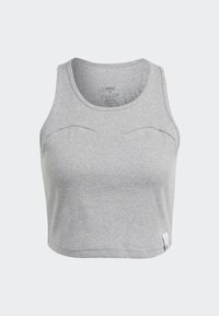 Top corto grigio con texture a coste, spalline larghe, scollatura rotonda e cuciture frontali per una leggera definizione della forma.