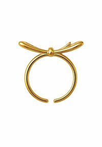 Goldring mit einem glatten, runden Band und einem dekorativen Schleifenakzent oben. Polierte Oberfläche mit einem reflektierenden Finish.