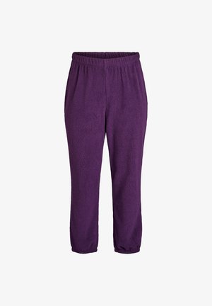 Purple fleece pants with an elastic waistband, tapered ankles, and a soft, textured surface for comfort. No pockets.