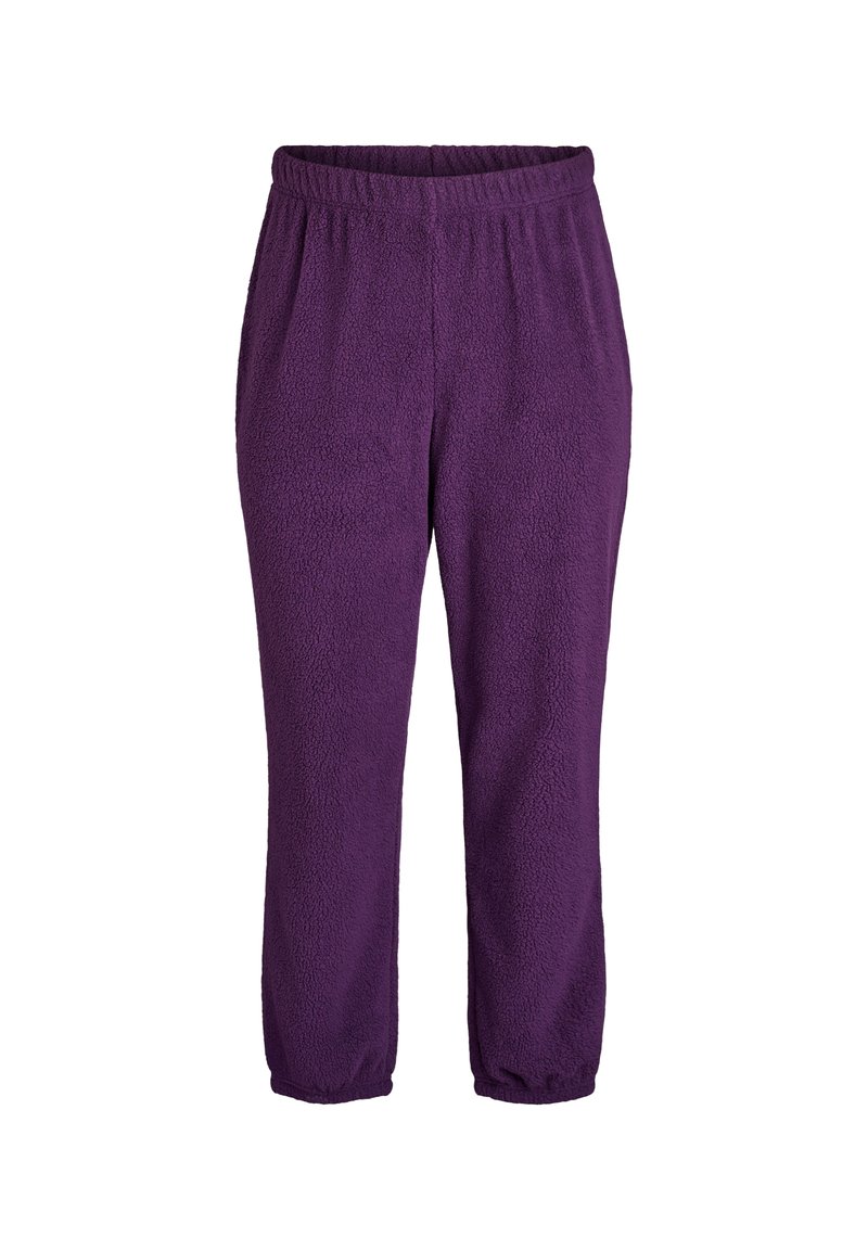 Pantalon en polaire violet avec une taille élastique, des chevilles fuselées et une surface douce et texturée pour le confort. Pas de poches.