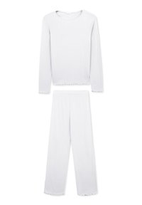 Haut blanc à manches longues et pantalon assorti, présentant une texture côtelée et des bords festonnés, fabriqué à partir d'un tissu doux et léger.