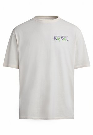 Svijetlosmeđi pamučni T-shirt kratkih rukava s okruglim izrezom. Sadrži ljubičasti i zeleni grafički dizajn sprijeda.