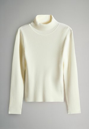 Ribbed turtleneck-paita off-white-värissä. Ominaisuuksiin kuuluvat pitkät hihat, korkea kaulus ja tiivis siluetti, joka on valmistettu pehmeästä neulemateriaalista.