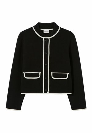 Cardigan nero a coste con colletto rotondo, bordi bianchi, chiusura con bottoni e due tasche frontali con bordi a contrasto.