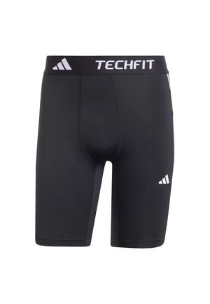Pantalones cortos TECHFIT negros con una cinturilla plana que presenta una marca en blanco. Fabricados con material elástico para un diseño ajustado y una textura suave.