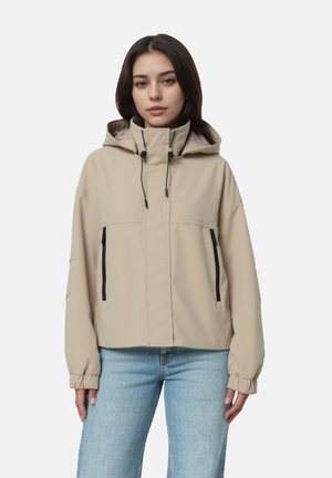 Beige, leichte Jacke mit Kapuze, elastischen Bündchen, Reißverschlusstaschen und glatter Textur, vor einem schlichten weißen Hintergrund.