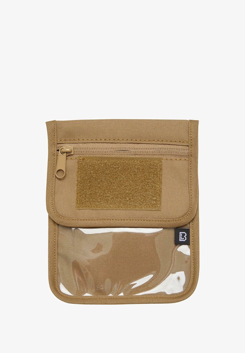 Custodia di tessuto beige con chiusura a zip, un'area in velcro e un pannello frontale trasparente. Presenta un'etichetta con il logo nell'angolo inferiore.