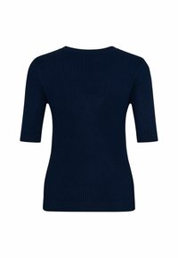 Haut en maille côtelée bleu marine à manches courtes avec col rond, silhouette ajustée et manches mi-longues.