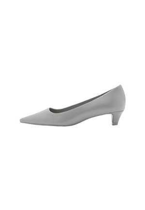 Grå syntetisk pump med spids tå, lavt tilspidset hæl, glat tekstur og minimalistisk design, med et enkelt afrundet udsnit ved åbningen.