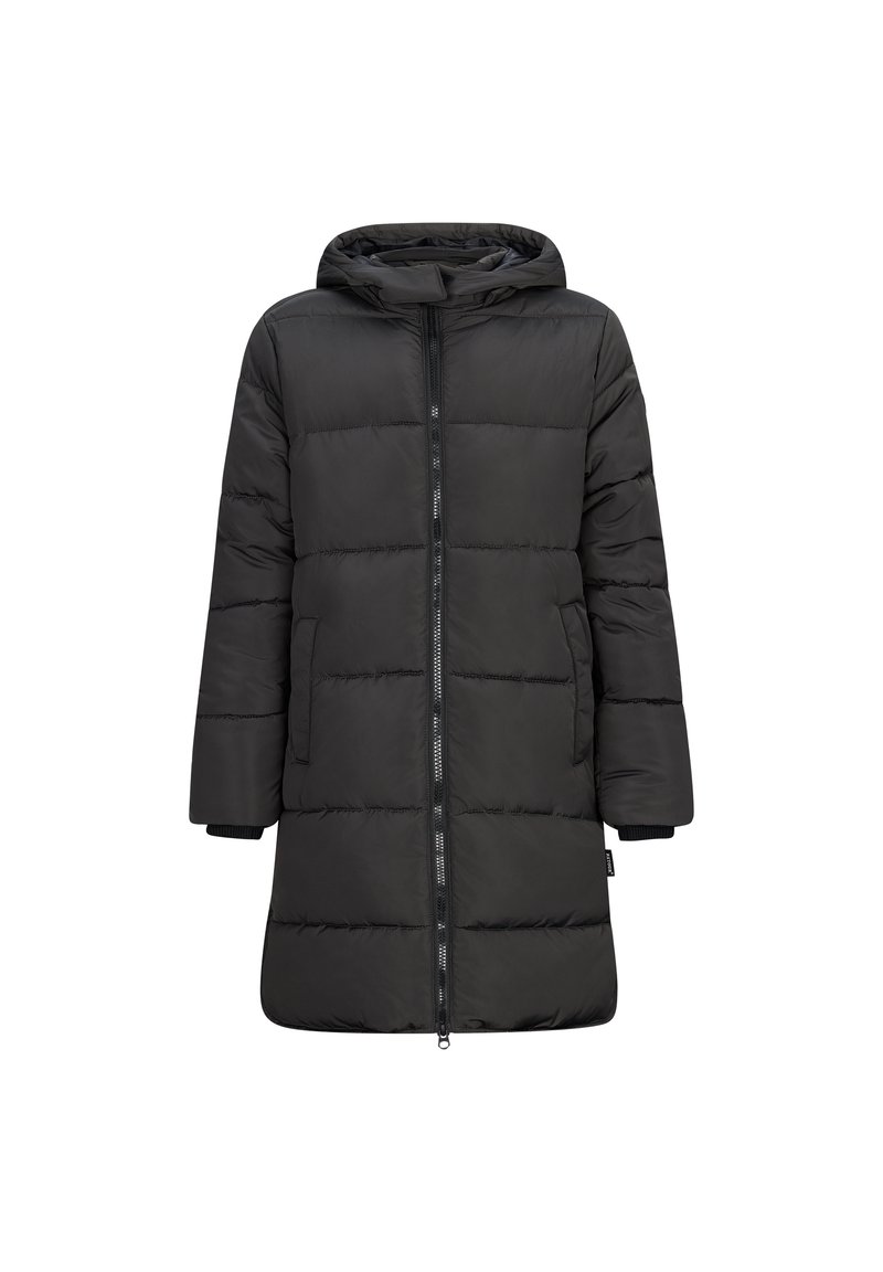 Cappotto imbottito nero con cappuccio, dotato di zip frontale, maniche lunghe e cuciture orizzontali. Include due tasche anteriori e polsini a maglia.