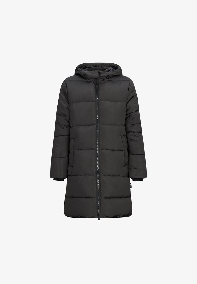 Czarna kurtka puchowa z kapturem, z zapięciem na zamek, długimi rękawami i poziomym przeszyciem. Posiada dwie przednie kieszenie i dzianinowe mankiety.