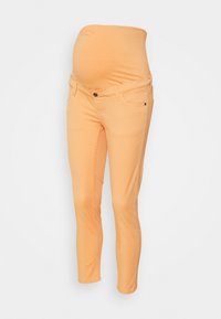 Calças de maternidade em cor laranja clara, com cintura elástica, pernas ajustadas e design clássico de cinco bolsos. Material em mistura de algodão.