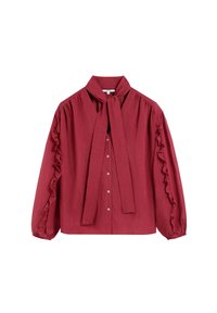 Blusa roja con cuello con lazo, mangas con volantes y cierre de botones en la parte frontal. Fabricada en una tela texturizada ligera. Ajuste holgado y cómodo.