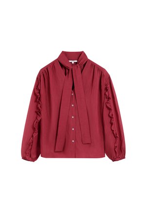 Blusa roja con cuello con lazo, mangas con volantes y cierre de botones en la parte frontal. Fabricada en una tela texturizada ligera. Ajuste holgado y cómodo.