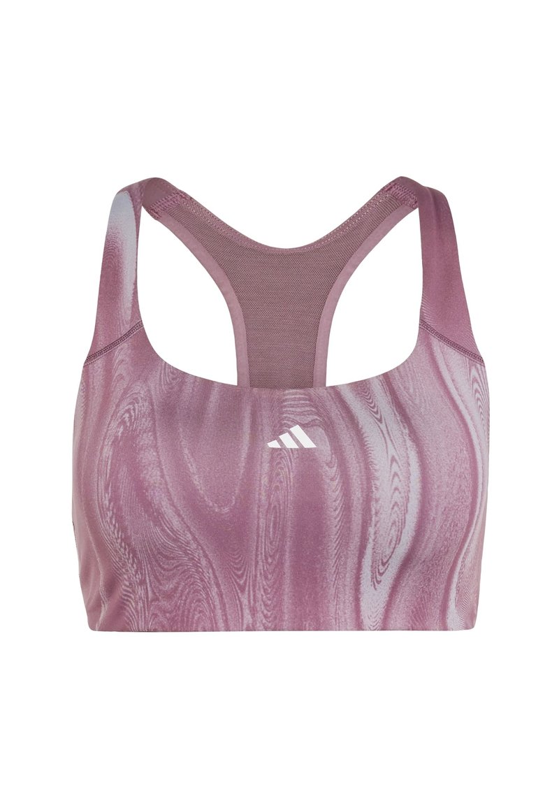 Soutien-gorge de sport en rose clair avec un motif marbré, doté d'un dos nageur et de détails en maille. Comprend un logo blanc à l'avant.
