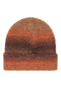 Bonnet tricoté avec un revers, présentant un motif dégradé dans des tons chauds de brun et d'orange, surface texturée et matériau doux.
