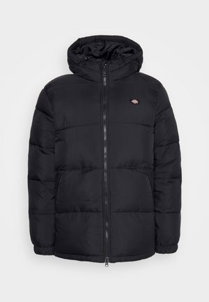 Black padded jacket with a hood, featuring a zip closure, side pockets, and a small logo on the chest. Smooth fabric and quilted design.