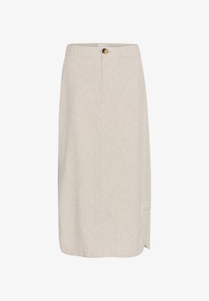Lys beige linned midi-nederdel med frontlukning med knapper, sideslids og struktureret talje, der har en subtil tekstureret overflade.