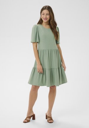 Noor naine, kellel on pikk juuksed, kannab salvei-rohelist õõnesriidest kleiti paitiliste varrukatega ja pruune kontsaga sandaale, seisab ühetaustalise hele tausta ees.