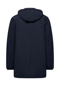 Giacca parka blu navy con cappuccio, caratterizzata da un taglio dritto, maniche lunghe e una texture liscia. Design minimalista senza chiusure visibili.
