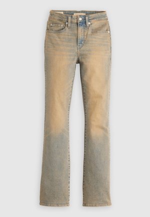 Lichtblauwe en beige vervaagde rechte jeans met voor- en achterzakken, riemlussen, knoopsluiting en ritssluiting.
