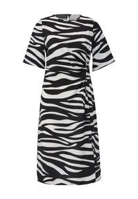 Schwarz-weißes, zebra-gestreiftes Kleid aus strukturiertem Stoff, mit einem runden Ausschnitt und kurzen Ärmeln, versehen mit einem gerafften Taillendetail.