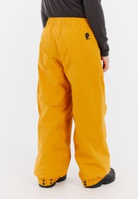 Felroze sneeuwbroek met een elastische tailleband, verstelbare manchetten en een logo op de achterkant. Gemaakt van waterproof, duurzaam materiaal.