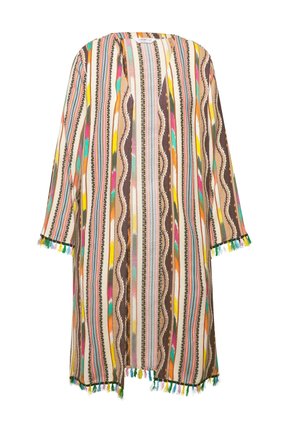 Mehrfarbiger Kimono mit vertikalen Streifen in Pink, Braun, Türkis und Gelb. Fransen an den Kanten und ein lockeres, offenes Design. Leichter Stoff.