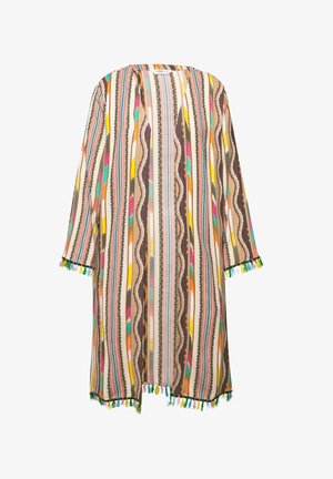 Multicolored kimono with vertical stripes in pink, brown, turquoise, and yellow. Fringed edges and a loose, open design. Lightweight fabric.