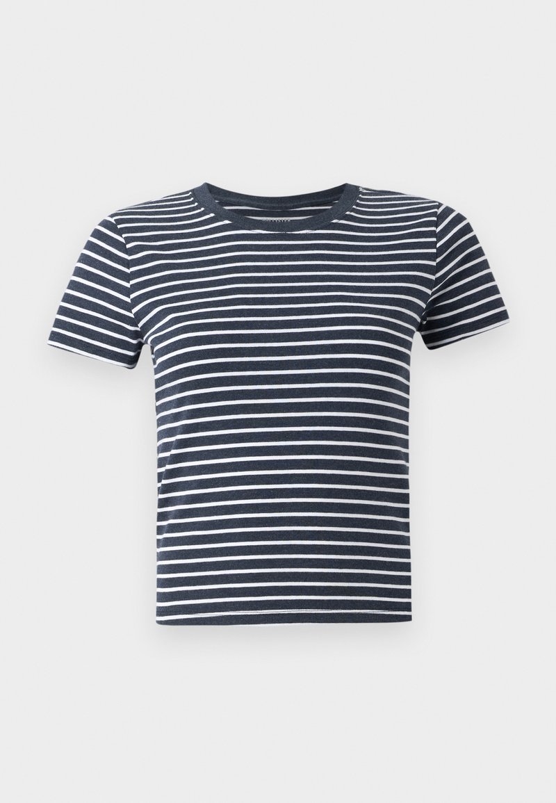 Marineblau-weiß gestreiftes T-Shirt mit kurzen Ärmeln und Rundhalsausschnitt. Aus weichem Stoff gefertigt, zeichnet es sich durch gleichmäßige horizontale Streifen aus.
