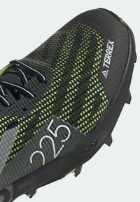 Czarno-zielony but sportowy z siateczkową cholewką, sznurowaniem, teksturowaną podeszwą oraz wyraźnym oznaczeniem "225" i "TERREX" z boku.