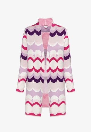 Pletený cardigan so vzorom vlny v odtieňoch fialovej, ružovej a bielej. Otvorený predok s 3/4 rukávmi a mäkkou textúrou.