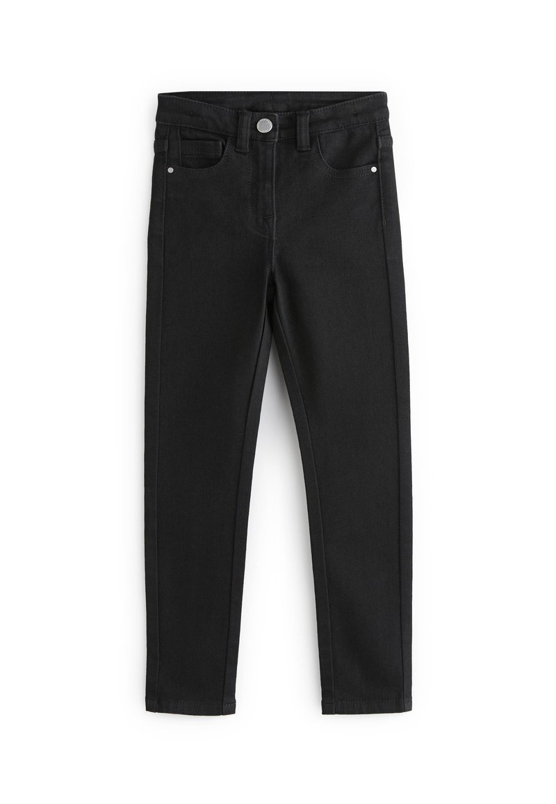 Jeans de mezclilla negra con corte ajustado, diseño de cinco bolsillos, cierre de botón plateado y acentos de costura mínimos.