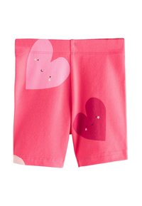 Rózsaszín rövidnadrág nagy szíves grafikákkal, világos és sötét árnyalatokban. Puha anyag, sima textúrával és varrott szegély részletekkel.