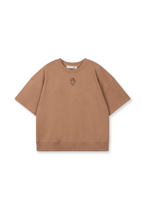 Braunes, übergroßes Sweatshirt aus Baumwolle mit kurzen Ärmeln, geripptem Rundhalsausschnitt und Saum, mit dezent aufgesticktem Logo auf der Vorderseite.