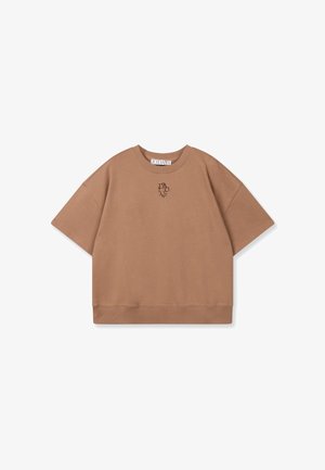 Sweat-shirt oversize en coton marron avec manches courtes, col et ourlet côtelés, arborant un logo brodé subtil à l'avant.