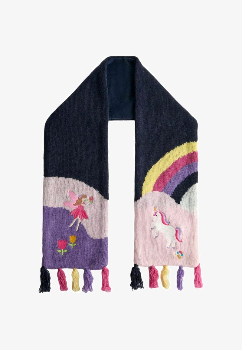 Fular tricotat cu model de curcubeu, unicorn și zână. Fond albastru închis, față roz deschis, cu ciucuri colorați și modele florale.