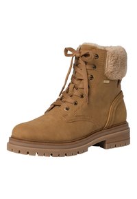 Bottines en suédine marron avec une bordure en fausse fourrure, bout rond et fermeture à lacets, dotées d'œillets en métal et d'une semelle en caoutchouc texturé.