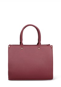 Borsa tote in pelle marrone scuro con due manici, superficie testurizzata e borchie decorative color oro. Forma rettangolare strutturata. Interno spazioso.