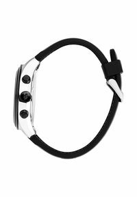 Svart gummiband klocka med ett chassi av silverfärgad rostfritt stål, rund urtavla och tre tryckknappar. Slät yta och en monokromatisk design.