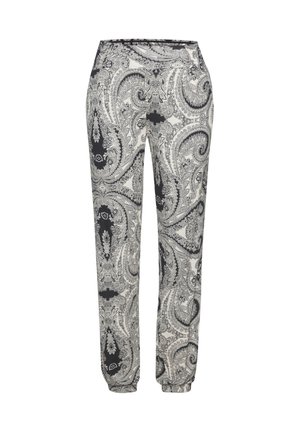 Black and white paisley patterned straight-leg pants with an elastic waistband and ankle cuffs, shown on white background.