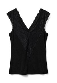 Svart linne med djup V-ringning och intrikat svart spetsdetalj längs halsringningen och axelsömmarna, mjuk textur.