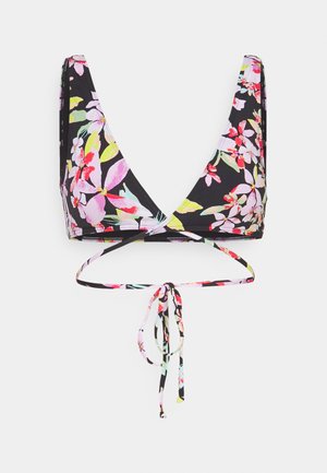 Fekete bikini felső virágmintával, rózsaszín, piros és zöld színekben. V-nyakú dizájnra és hátul megkötő zsinórra jellemző, amely lehetővé teszi az állítható méretet.