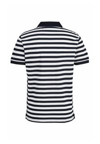 Poloshirt met korte mouwen in marineblauwe en witte horizontale strepen, een kraag en een rechte zoom. Gemaakt van zachte, gestructureerde stof.