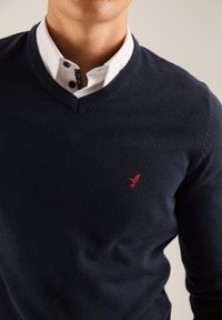 Marineblauwe V-hals trui van gebreide stof, met een rood geborduurd logo op de linkerborst en een witte overhemd eronder.