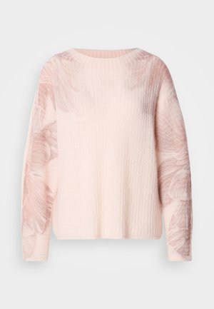 Maglione rosa chiaro con corpo in maglia testurizzata e maniche con motivo floreale, caratterizzato da scollo rotondo e vestibilità comoda.