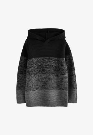 Sweat à capuche noir et gris rayé, avec un tricot texturé en haut et une finition plus lisse en bas, doté de poignets et d'un ourlet côtelés.
