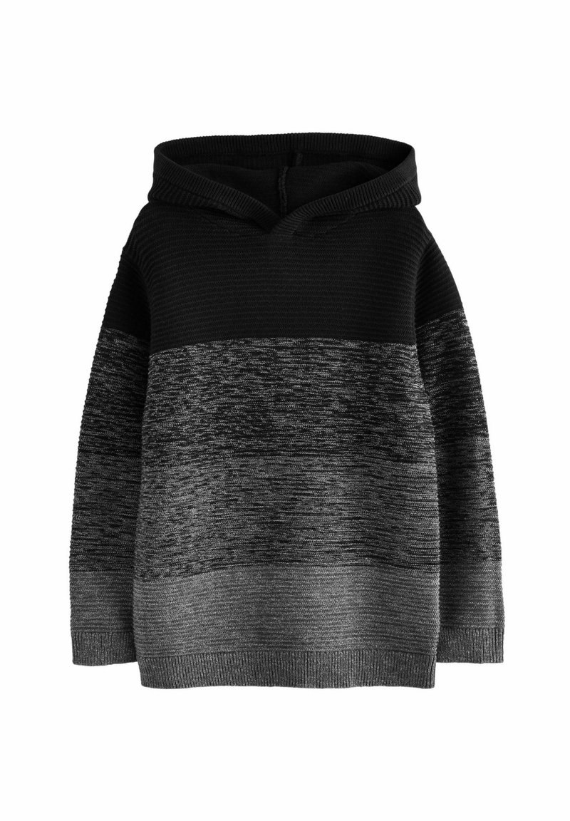 Schwarz-weißer gestreifter Kapuzenpullover, mit strukturiertem Strick am oberen Teil und glatterem Finish am unteren Teil, sowie mit gerippten Bündchen und Saum.