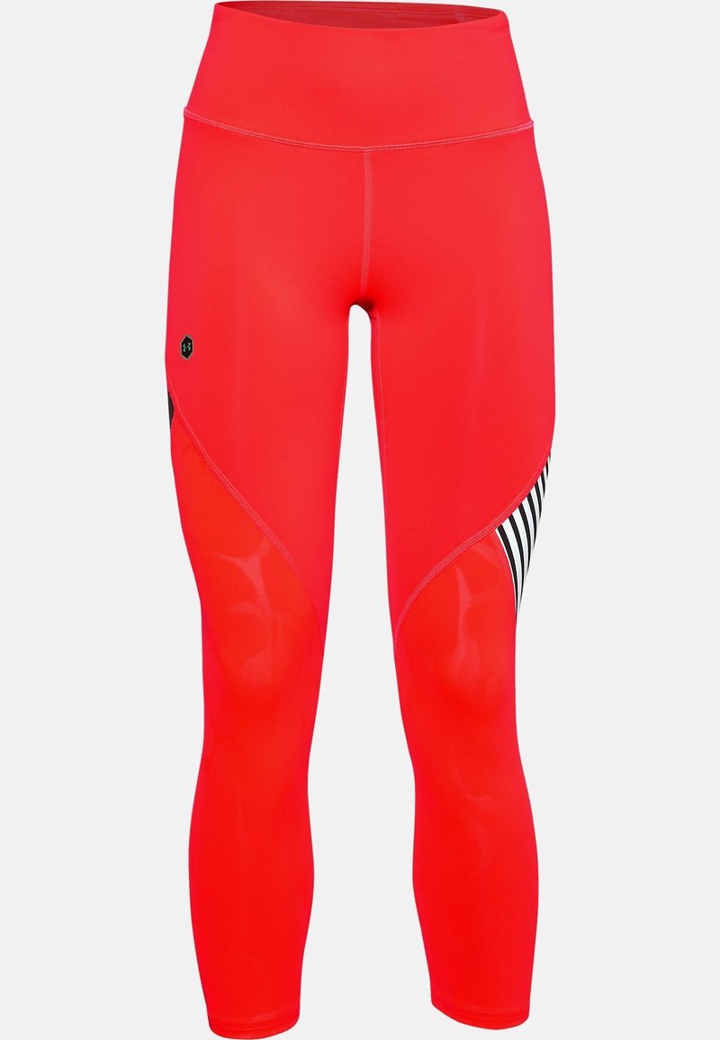Czerwone legginsy kompresyjne z wysokim stanem, z geometrycznym czarno-białym panelem z boku, wykonane z elastycznego, gładkiego materiału.