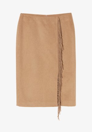 Brūna vilnas svārki ar taisnu griezumu, ar frizēšanas detaļu vienā pusē un slēpto rāvējslēdzēju aizmugurē.